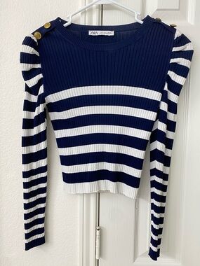 Zara Navy and White Stripped Long Sleeve Top